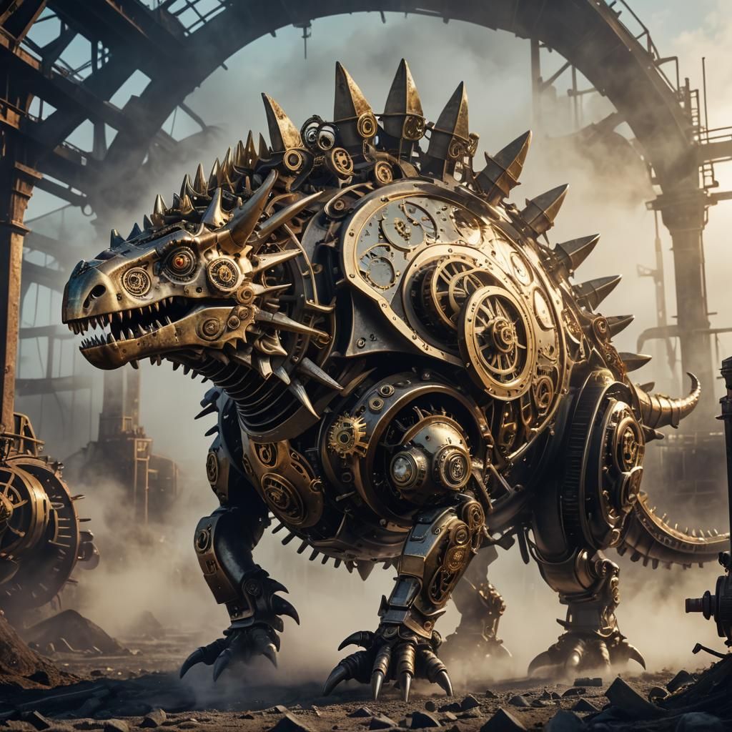 Steampunk Stegosaurus in Industrial Landscape