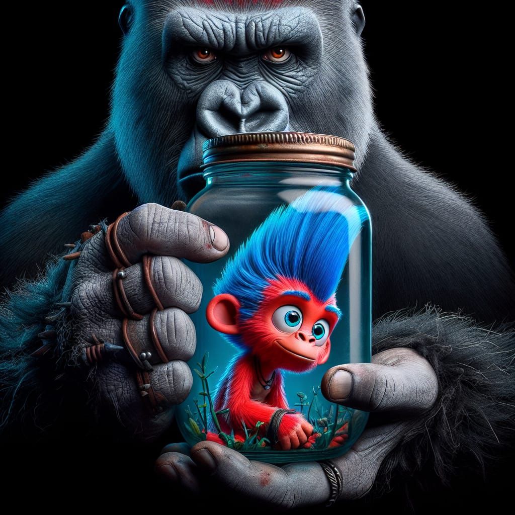 Gorilla Gangster Holds Vibrant Cartoon Prisoner in a Jar