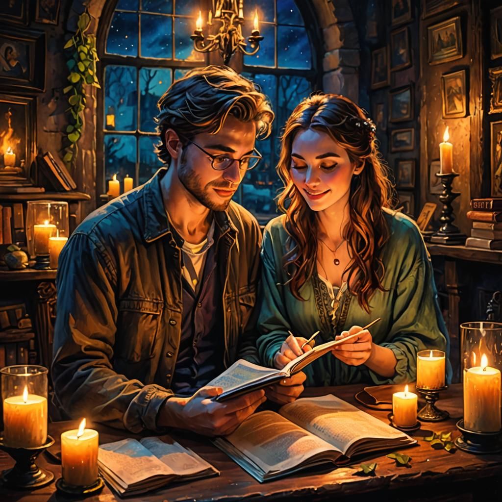 Couple Reading Poetry by Candlelight: Mixed Media