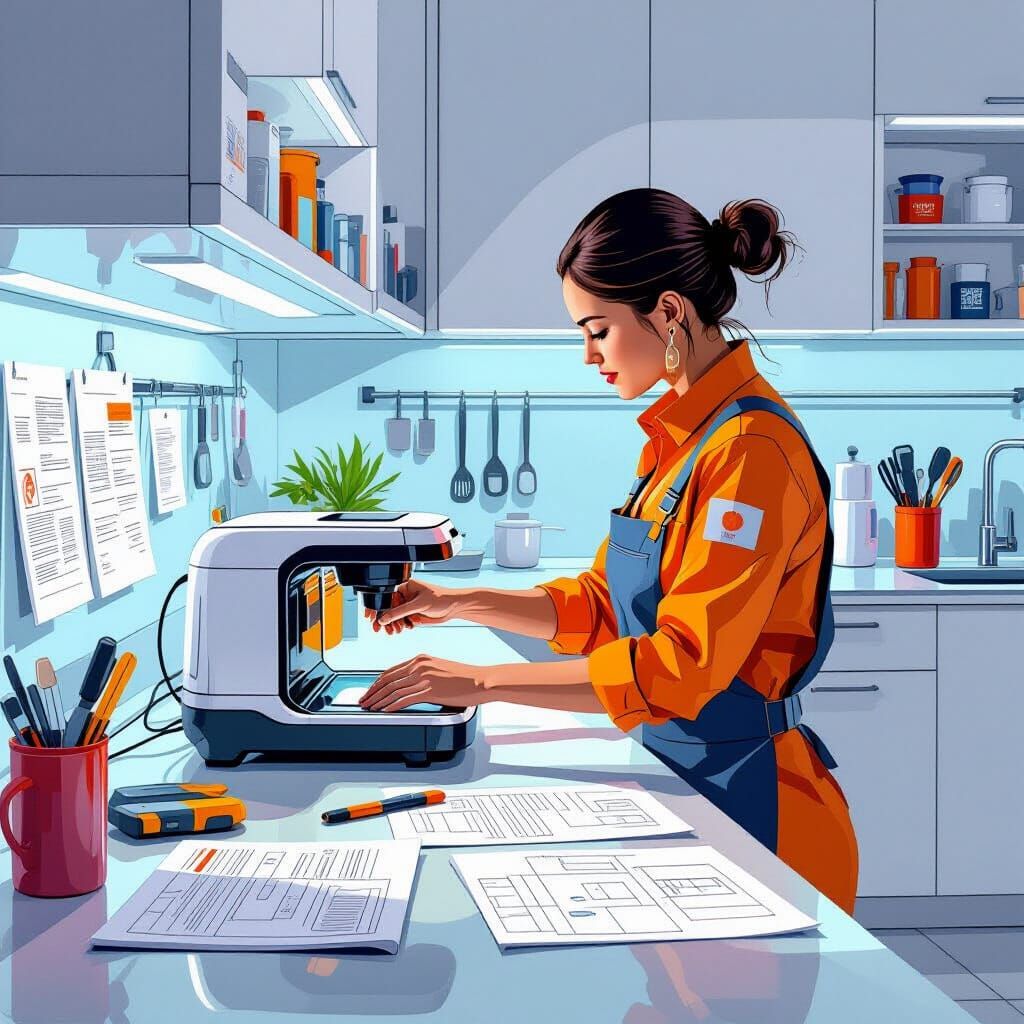 Assembling Appliance in Kitchen: A Futurism-Inspired Scene