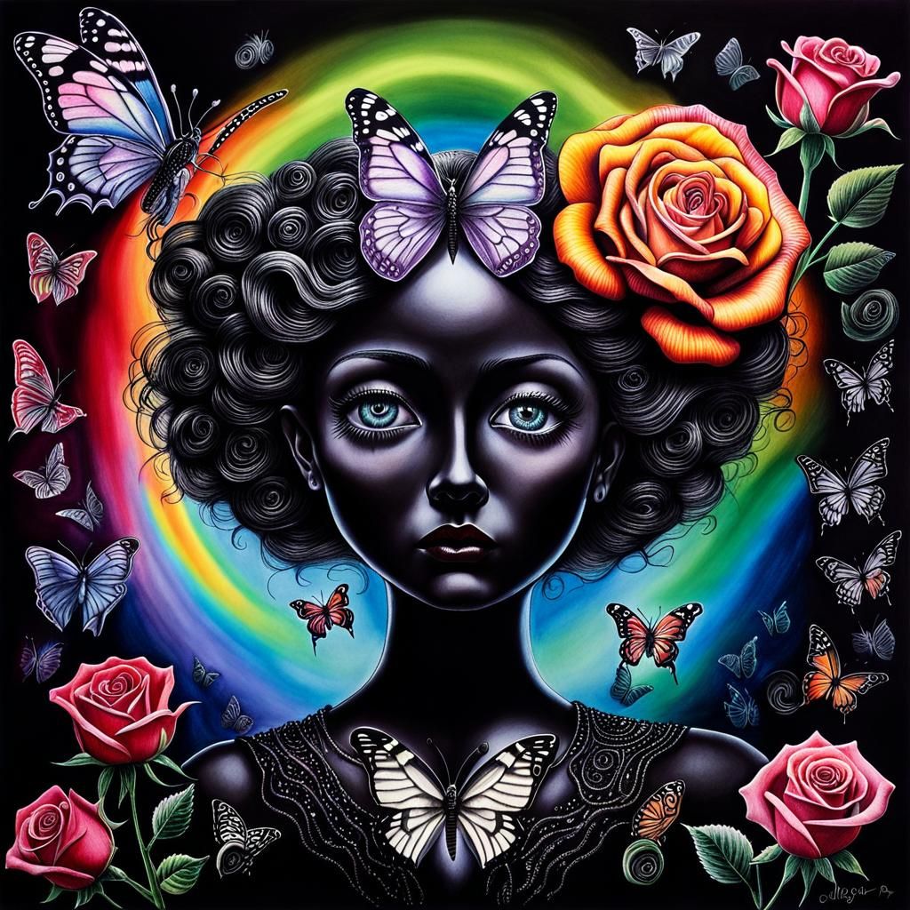 Surreal Crayon Drawing of Goth Woman in Darkness