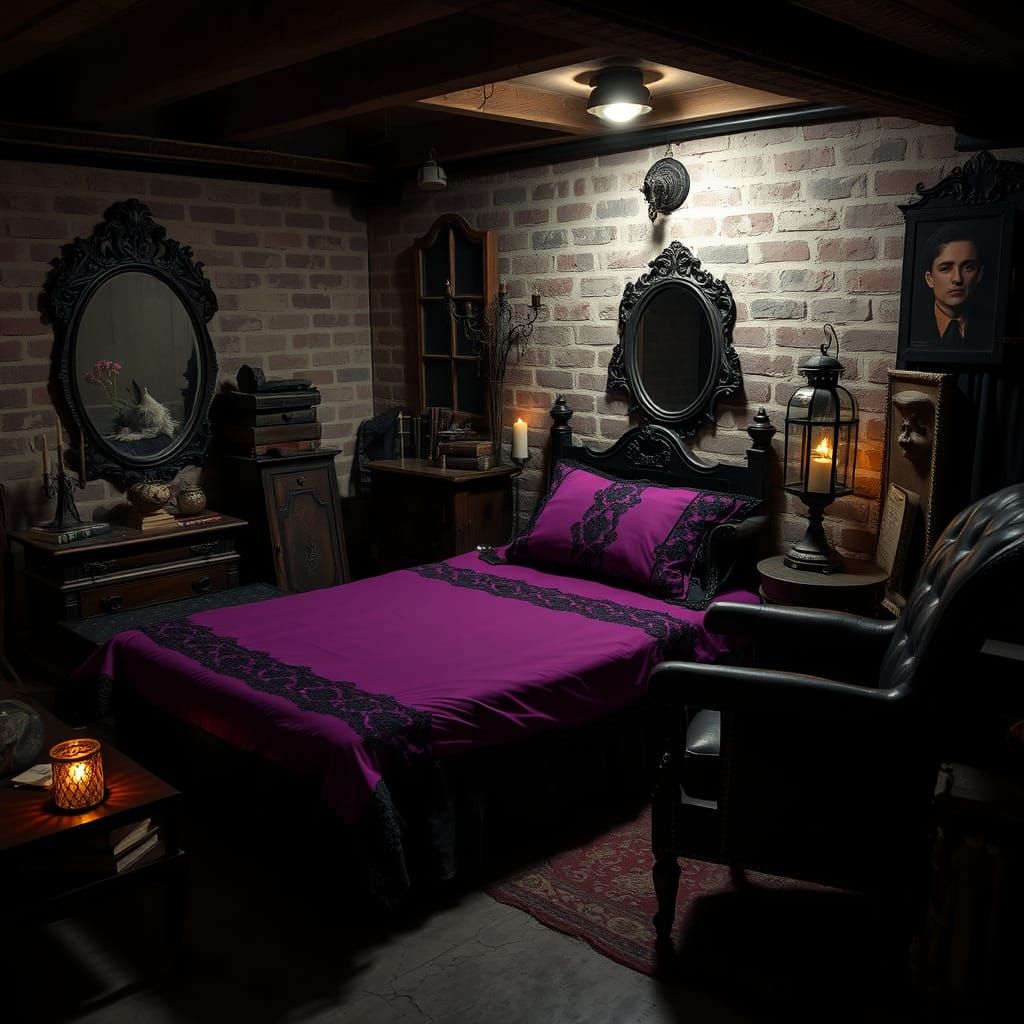 Dark, Gothic Bedroom Sanctuary in a Dimly Lit Basement