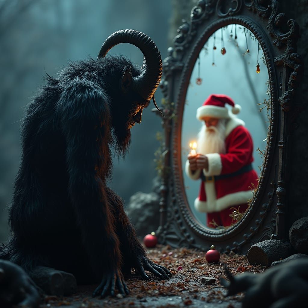 Photorealistic Krampus and Saint Nicholas Reflection