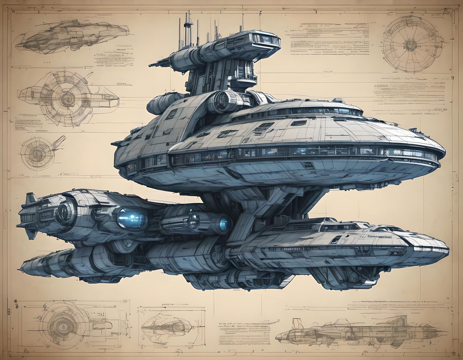 Detailed Starship Blueprint in Post-Apocalyptic Setting