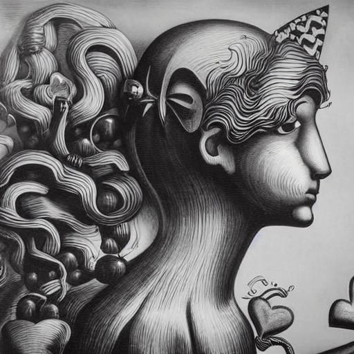 a black and white etching of a black cat  holding a heart ba...