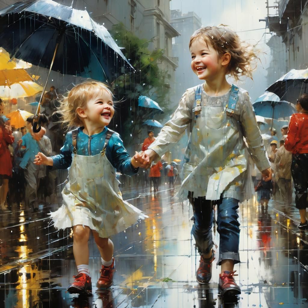 Happy Mother and Child Playing in Rain