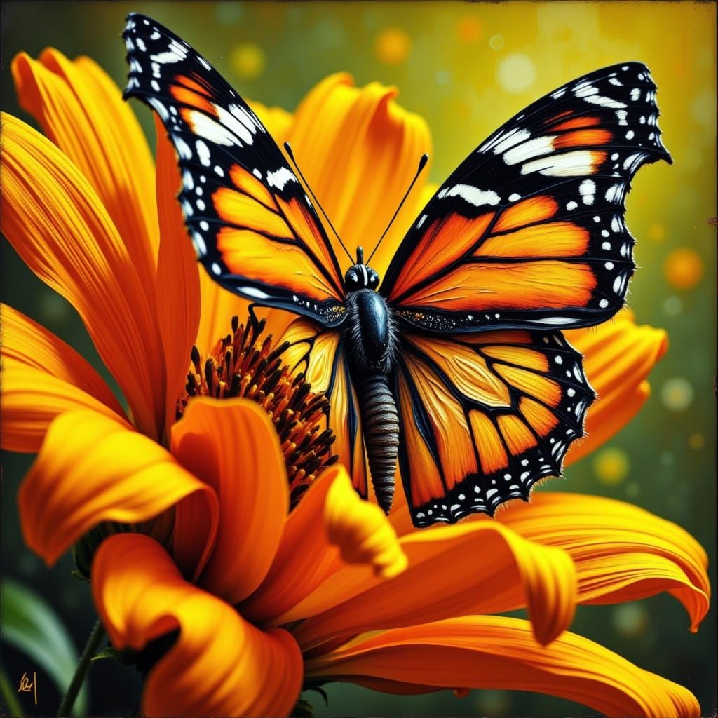 Surrealistic Butterfly Amidst Vibrant Marigold Blooms