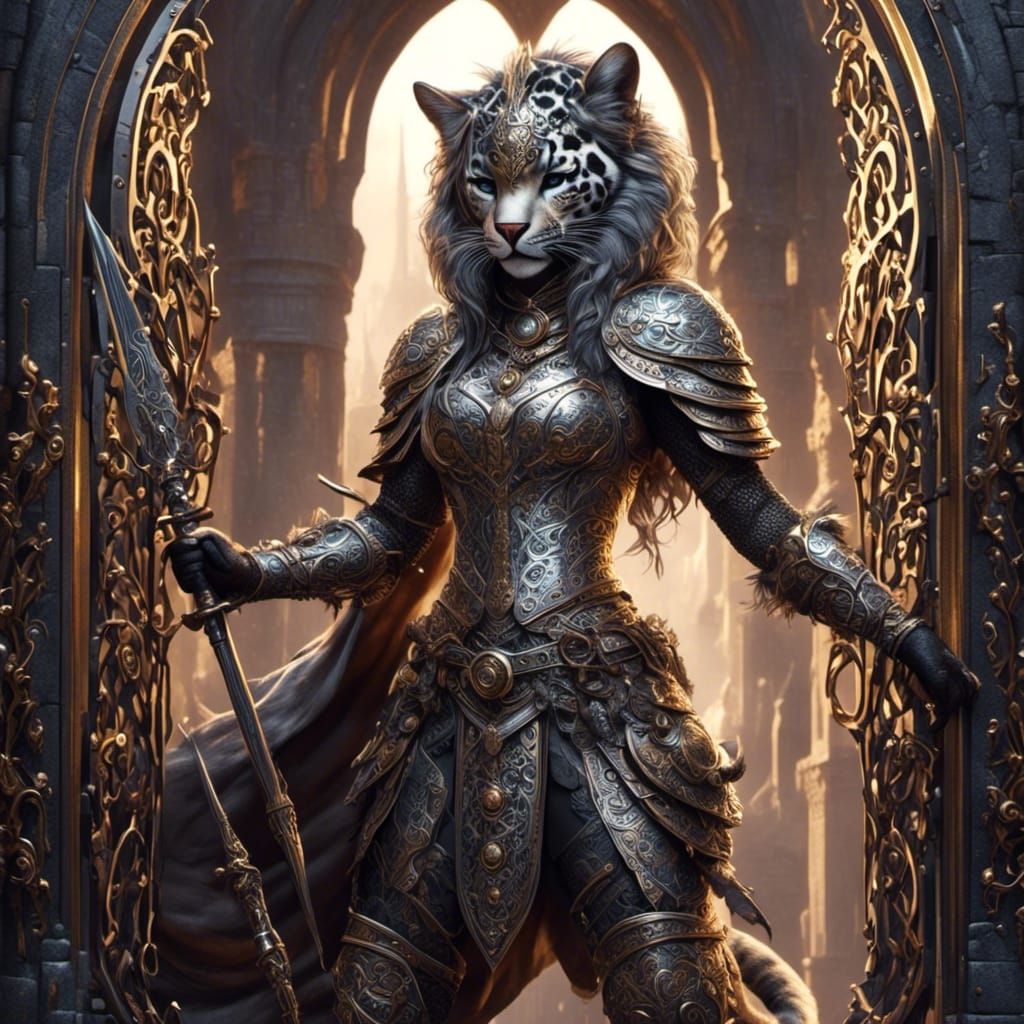 Intricate Anthro Jaguar Warrior at Castle Gate