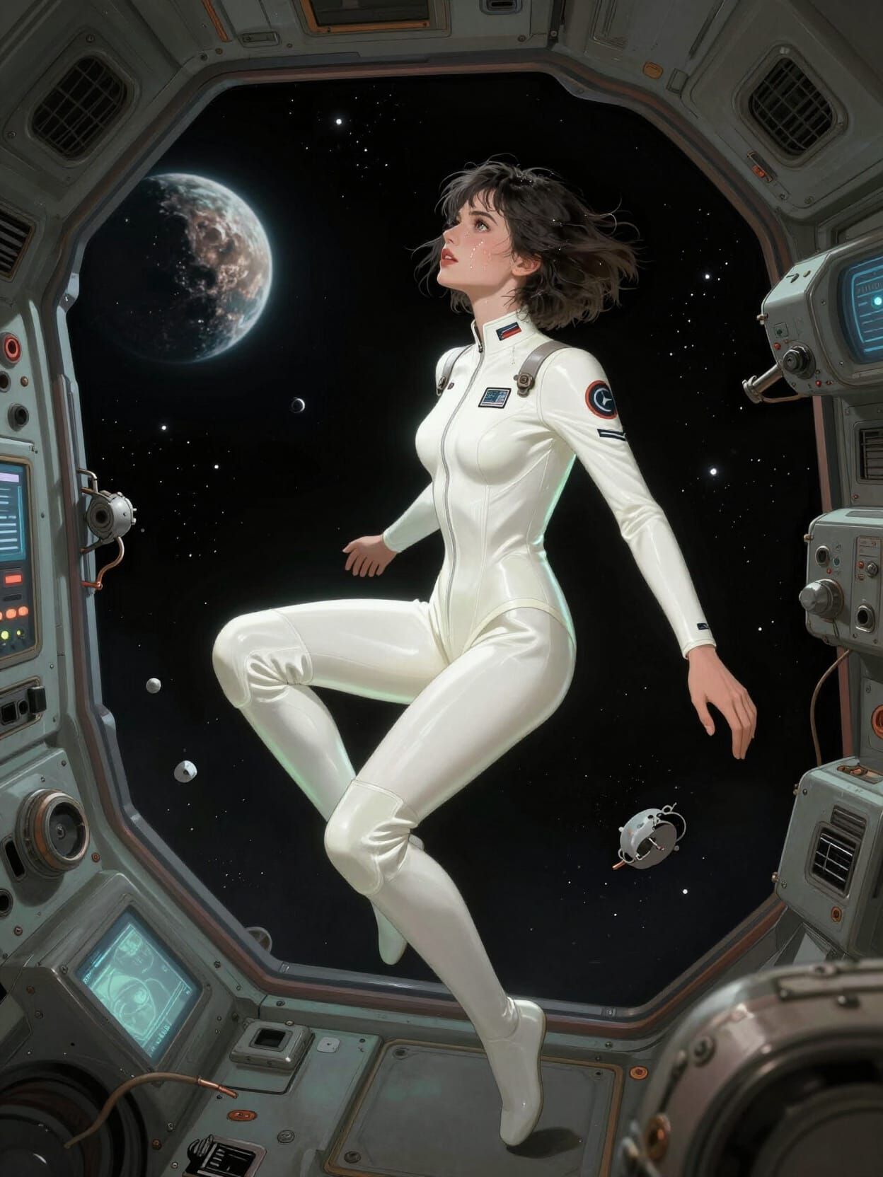 Retro Futuristic Woman in Space Vessel Cockpit