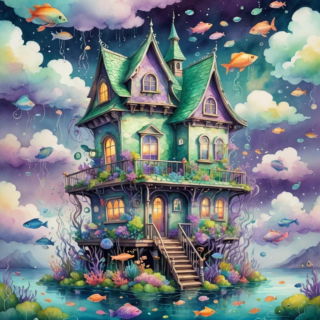 Magical Floating House in Surreal Fantasy Art