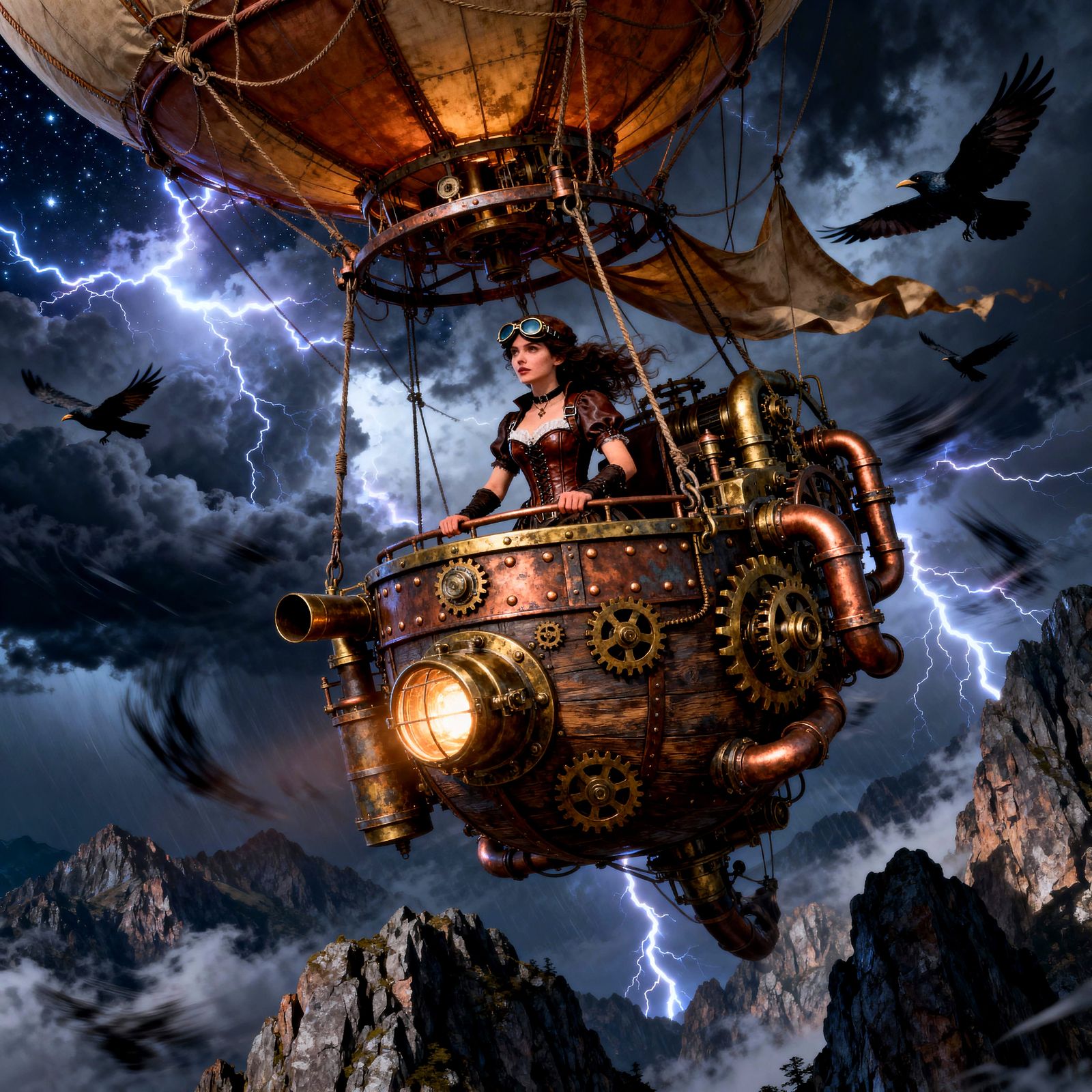 Steampunk Hot Air Balloon in Starry Stormy Sky