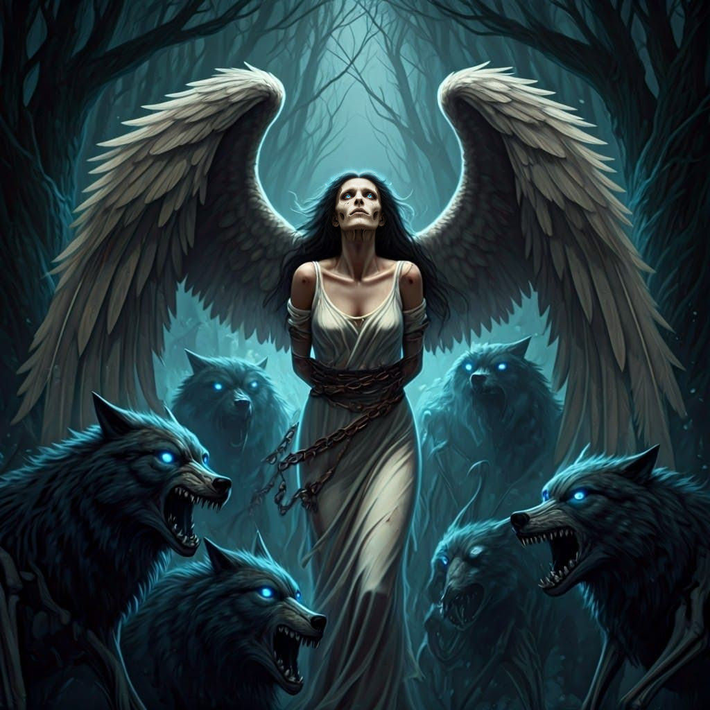 Skeleton Wolves Surround a Distraught Angel