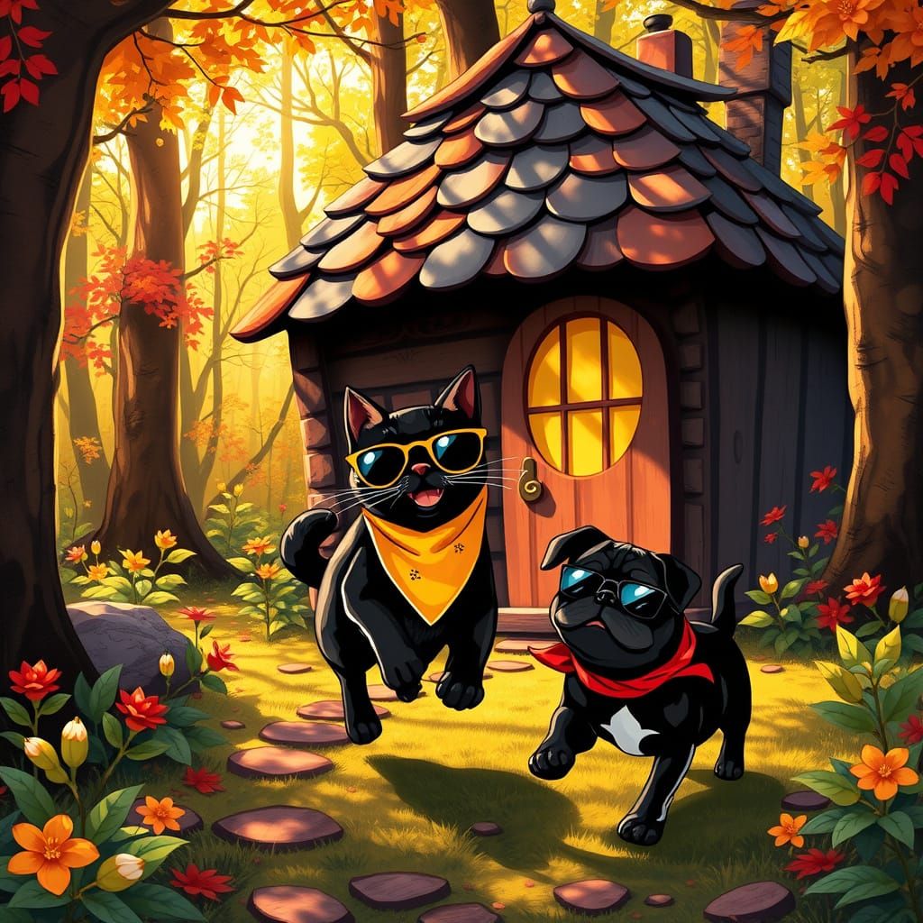 Whimsical Woodland Cottage Scene with Playful Cat and Pug