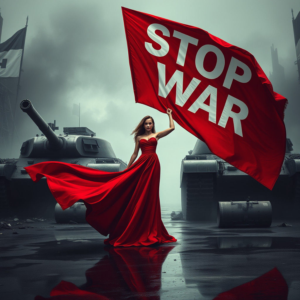 Courageous Woman with Flag in War-Torn Cityscape