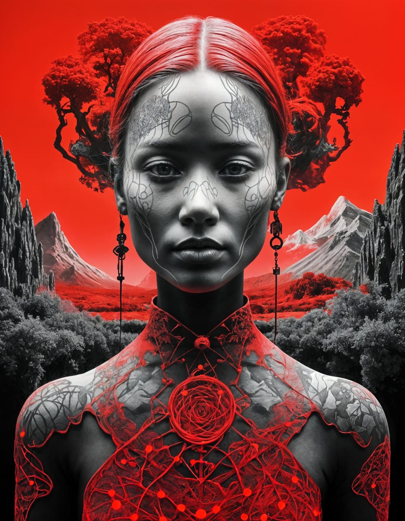 Surreal Red Dystopia in Infrared Ink Style