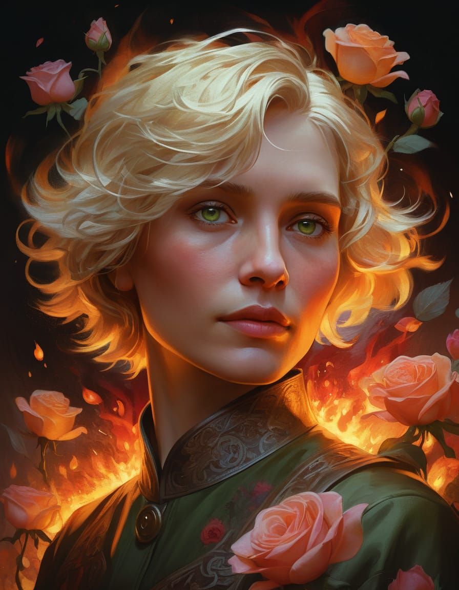 Enchanting Fantasy Portrait of a Blonde Woman Among Blooming...