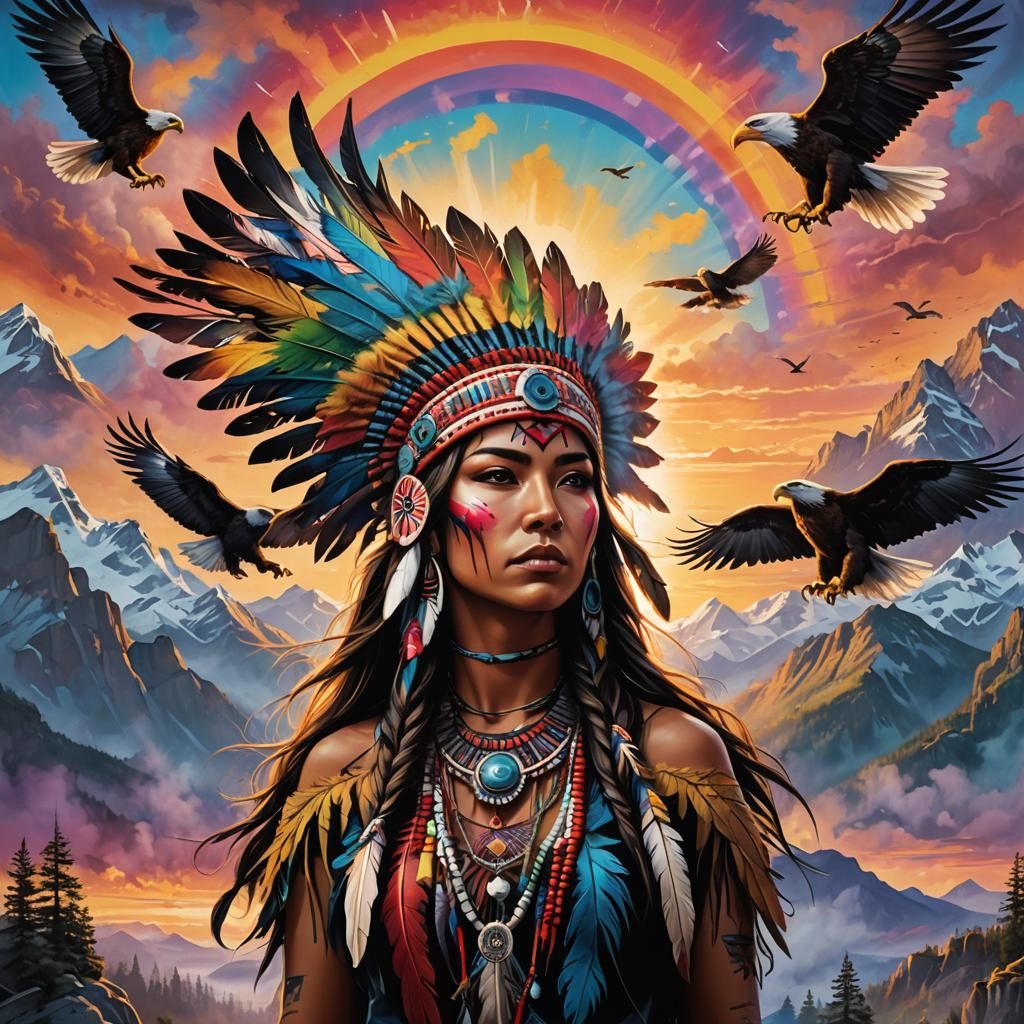 Native American Maiden with Eagles in Graffiti Art