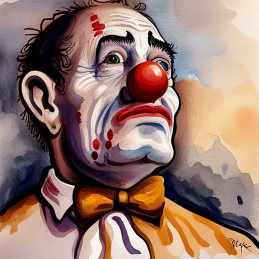 Sad Clown Portrait in Watercolor Style