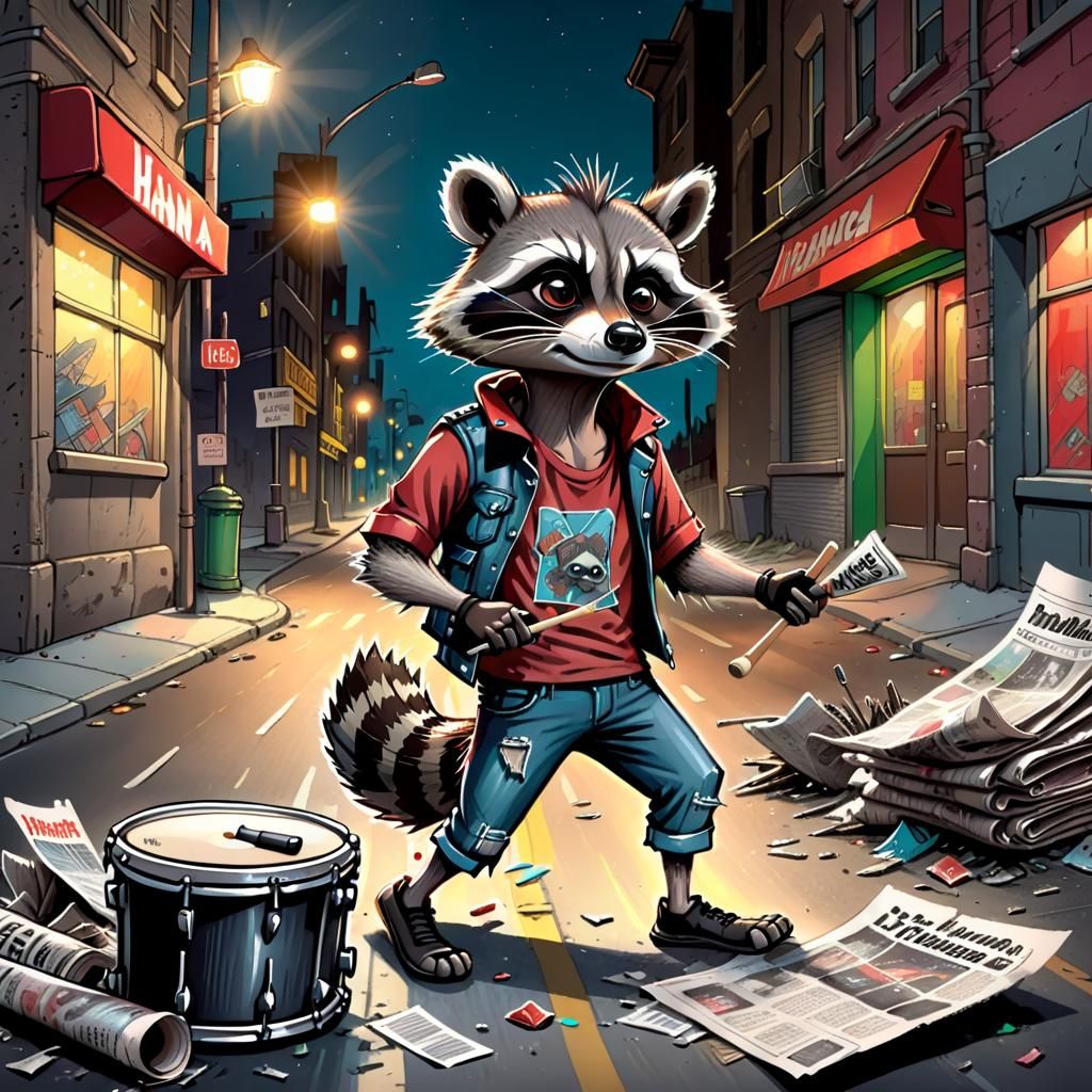Punk Raccoon Drummer in Hanna-Barbera Style