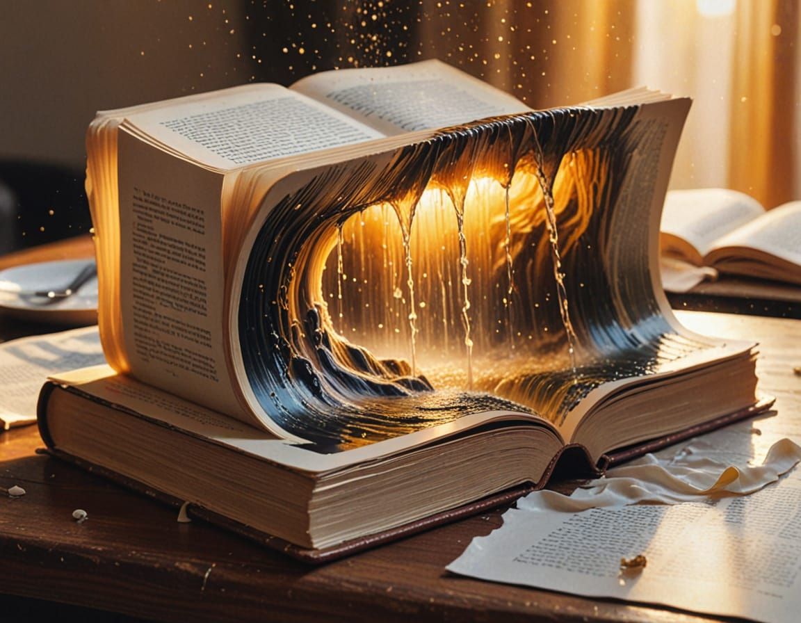 Surreal Waterfall Flows from Book: Oil Painting