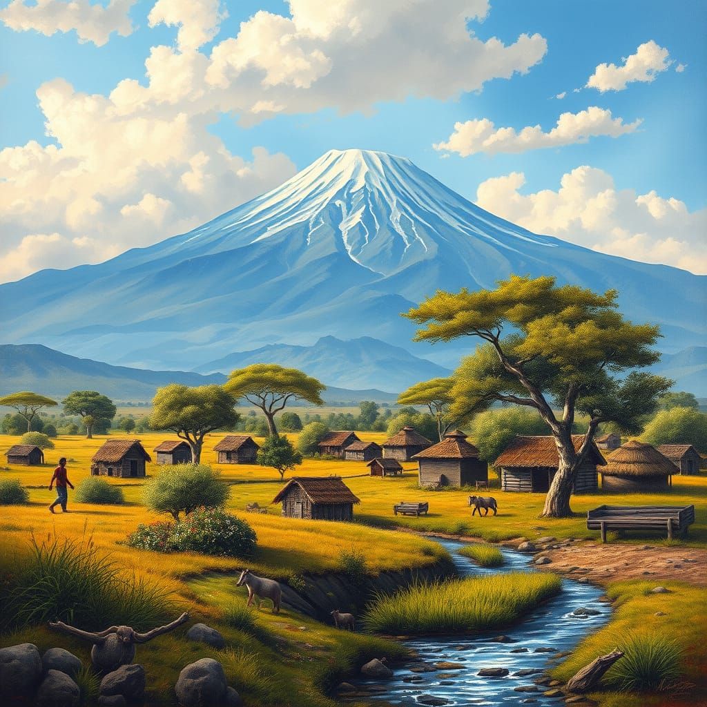 African Village Painting Under Mount Kilimanjaro