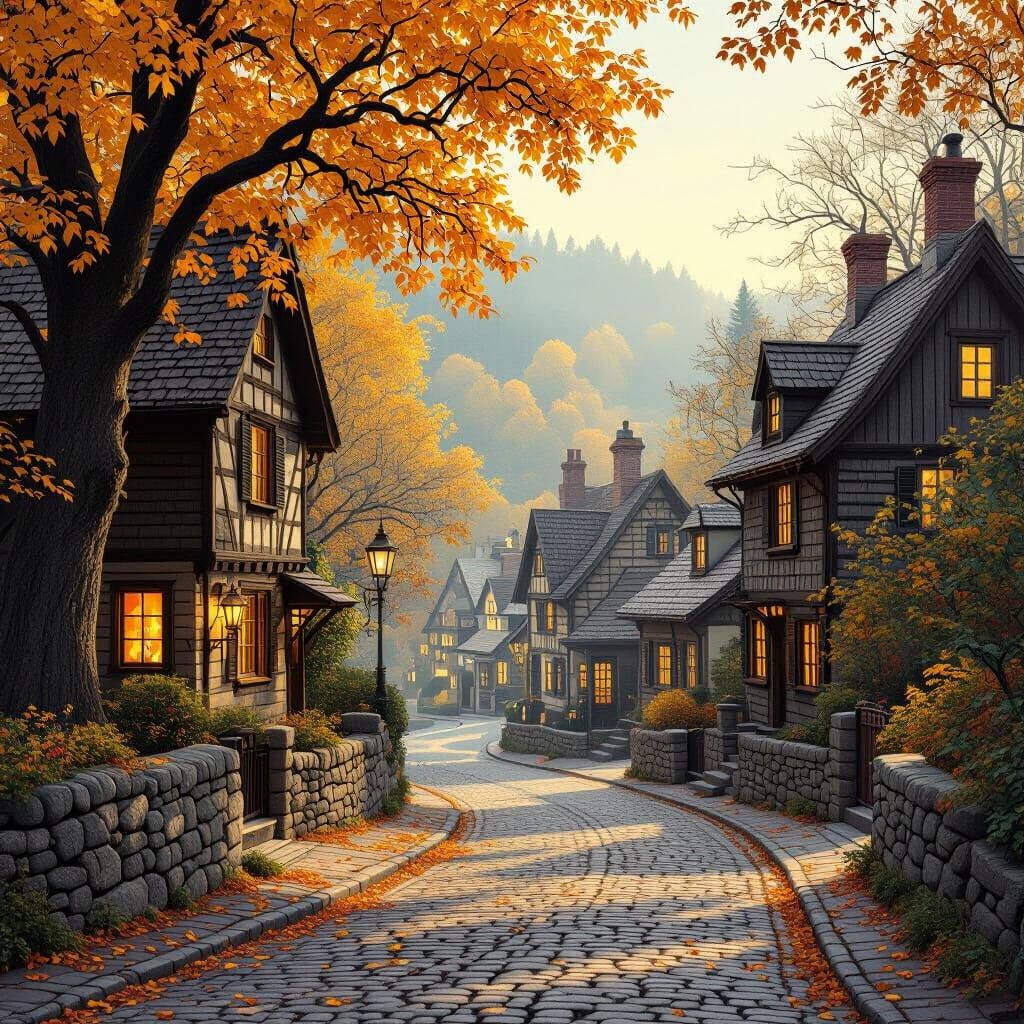 Idyllic Autumn Village Street Scene Digital Painting