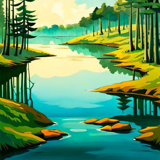 Blue Dragonfly Reflects in Pond: Gouache Painting