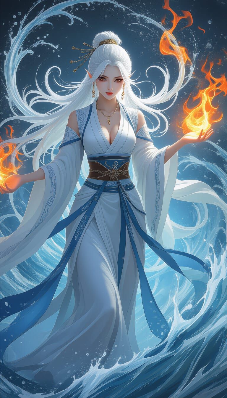 Water Elemental Woman Surrounded by Fire