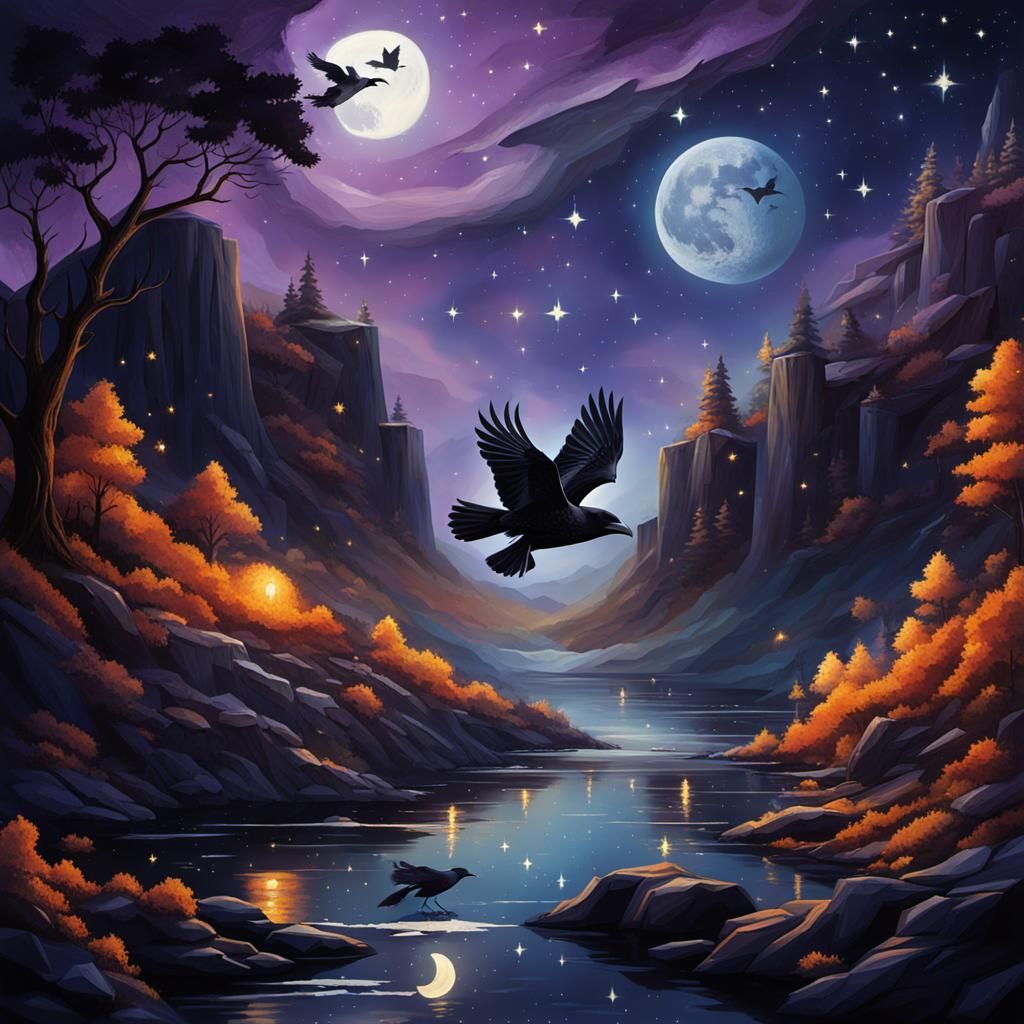 Mystical Night Sky with Ravens and Moon