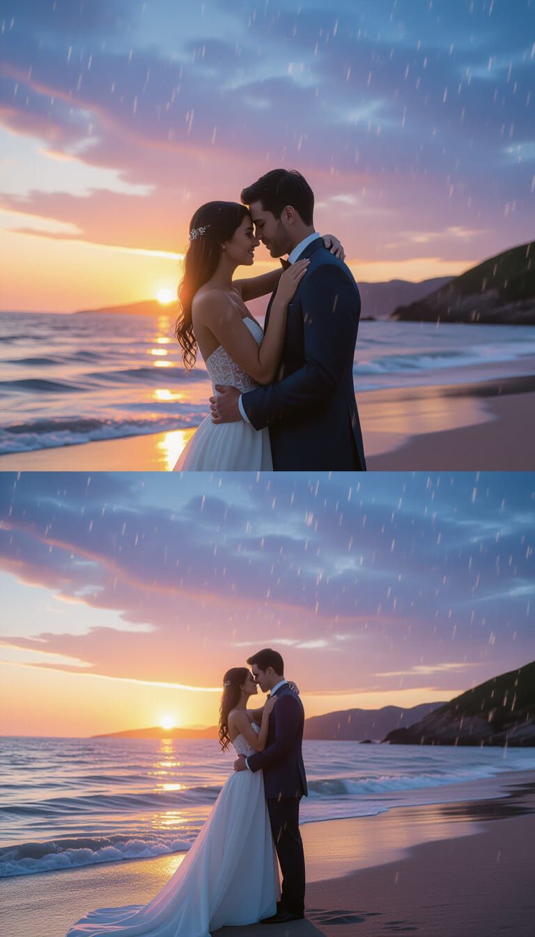 Romantic Seaside Sunset Double Exposure with Embracing Coupl...