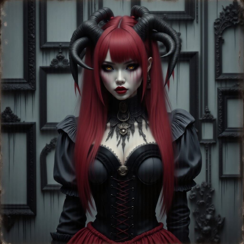 Gothic Demon Woman with Red Hair and Gold Eyes