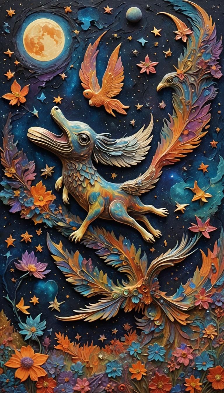 Psychedelic Animal Trainer in Cosmic Moonscape, Impasto