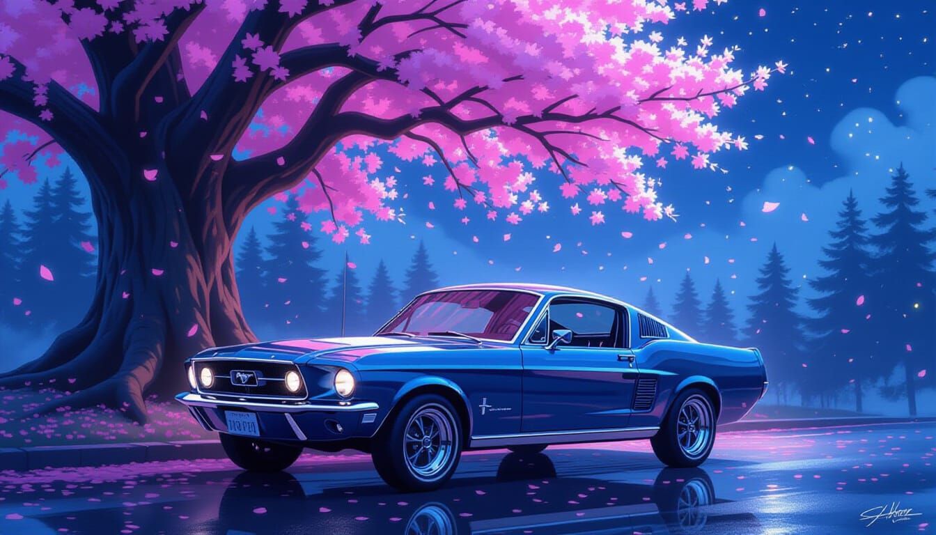 Classic Mustang Under Moonlit Cherry Blossoms