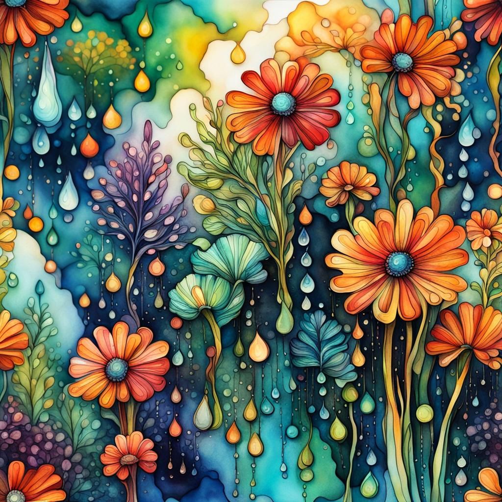 Alcohol Ink Flowers with Raindrops and Mountains