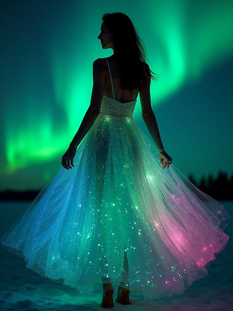 Woman in Northern Lights Dress, Cosmic Queen