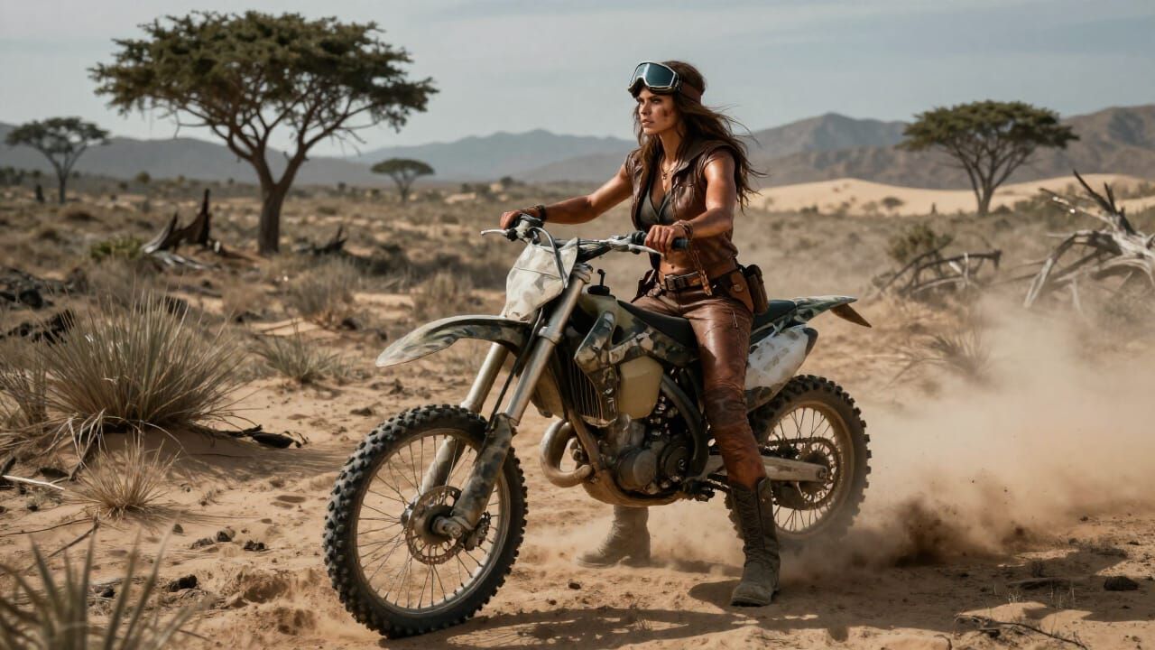 Post-Apocalyptic Woman on Dirt Bike in Wasteland