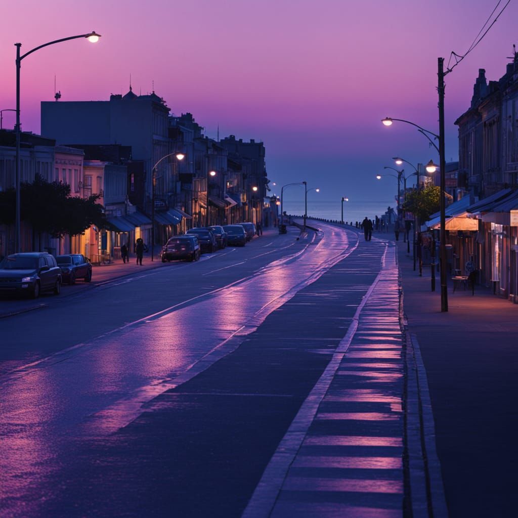 Seaside Boulevard at Night: Vibrant Colors and Moody Atmosph...
