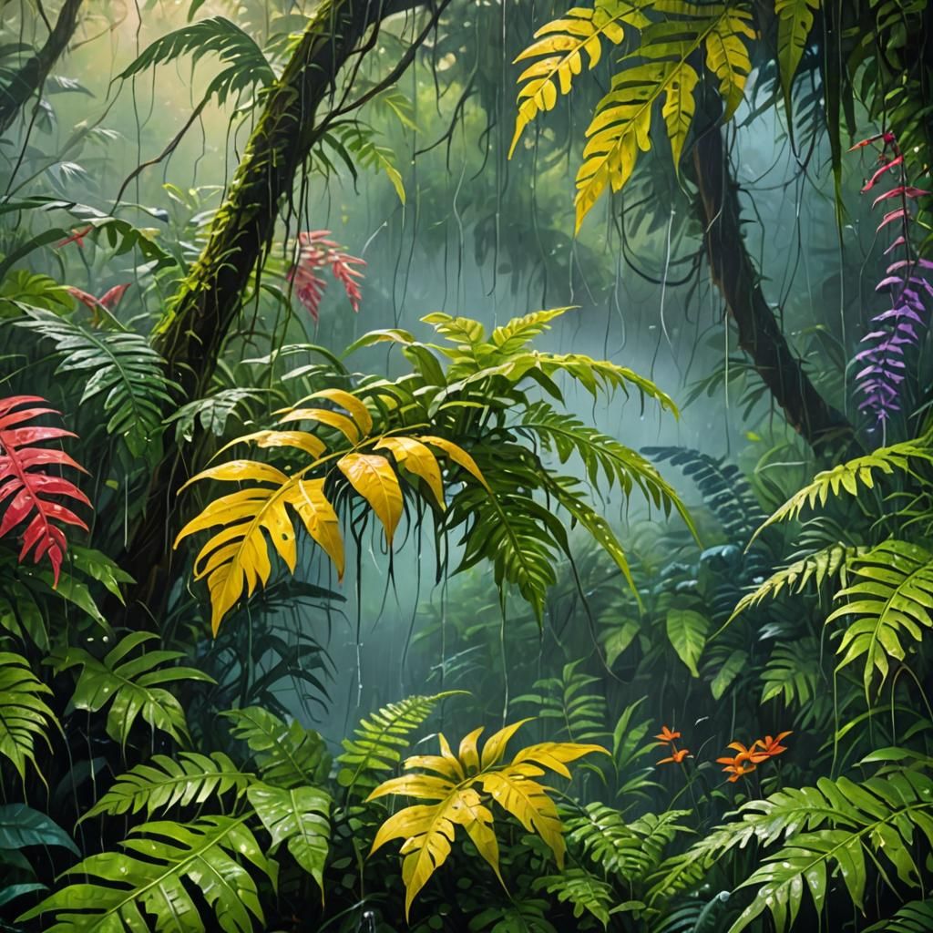 Rainy Jungle Oil Painting with Lush Greenery