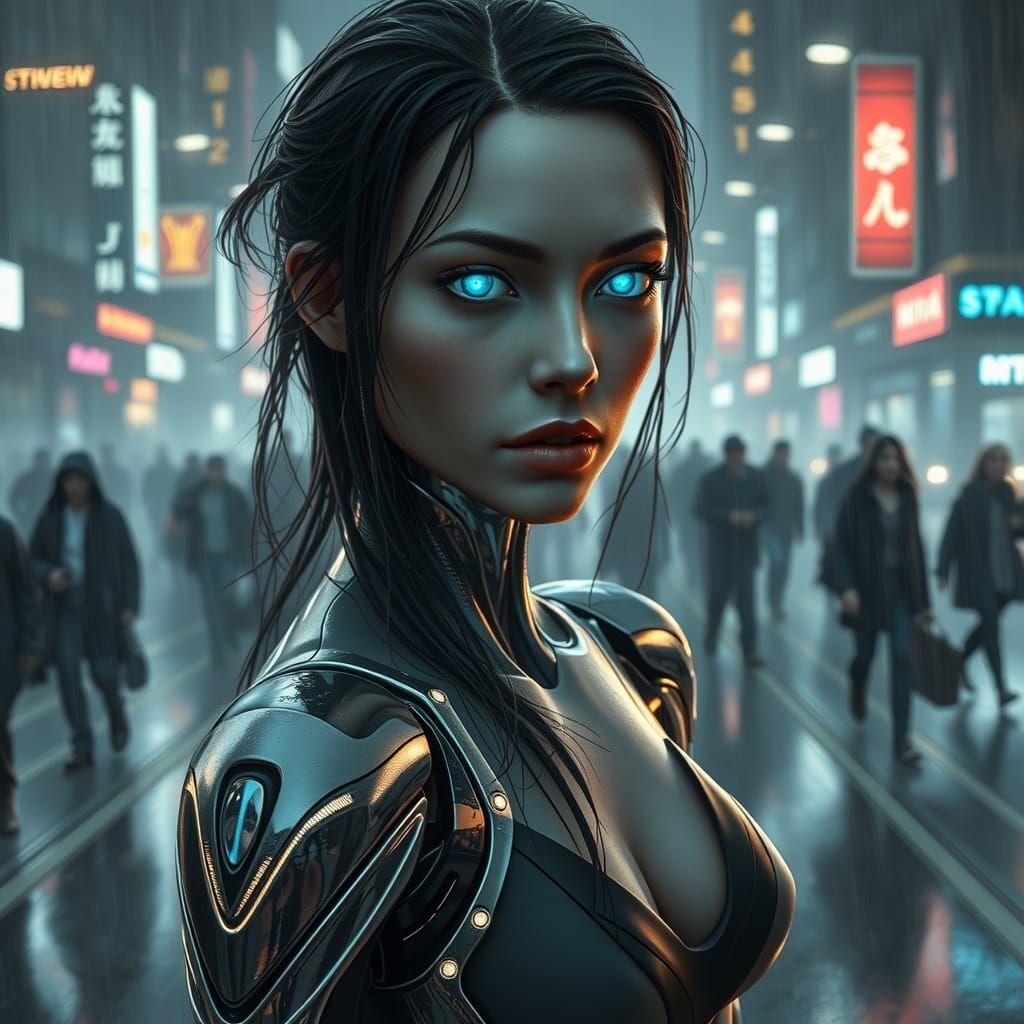 Android Woman in Stormy City Center, Cinematic Sci-Fi