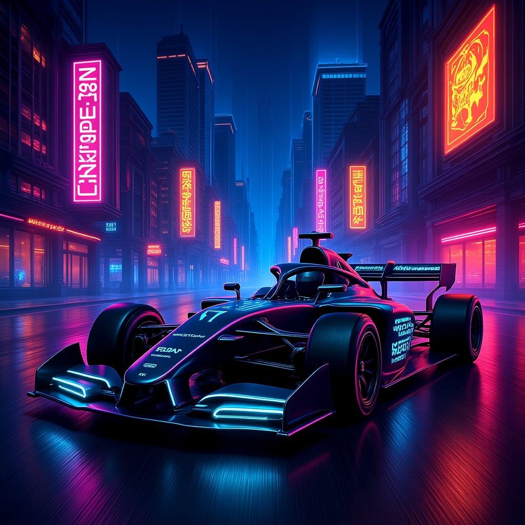 Futuristic Formula One Car in Cyberpunk Cityscape