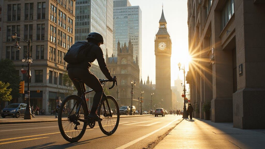 Skyscrapers gleam,
Old clock hums,
Cyclist flows,
Warmth becomes.