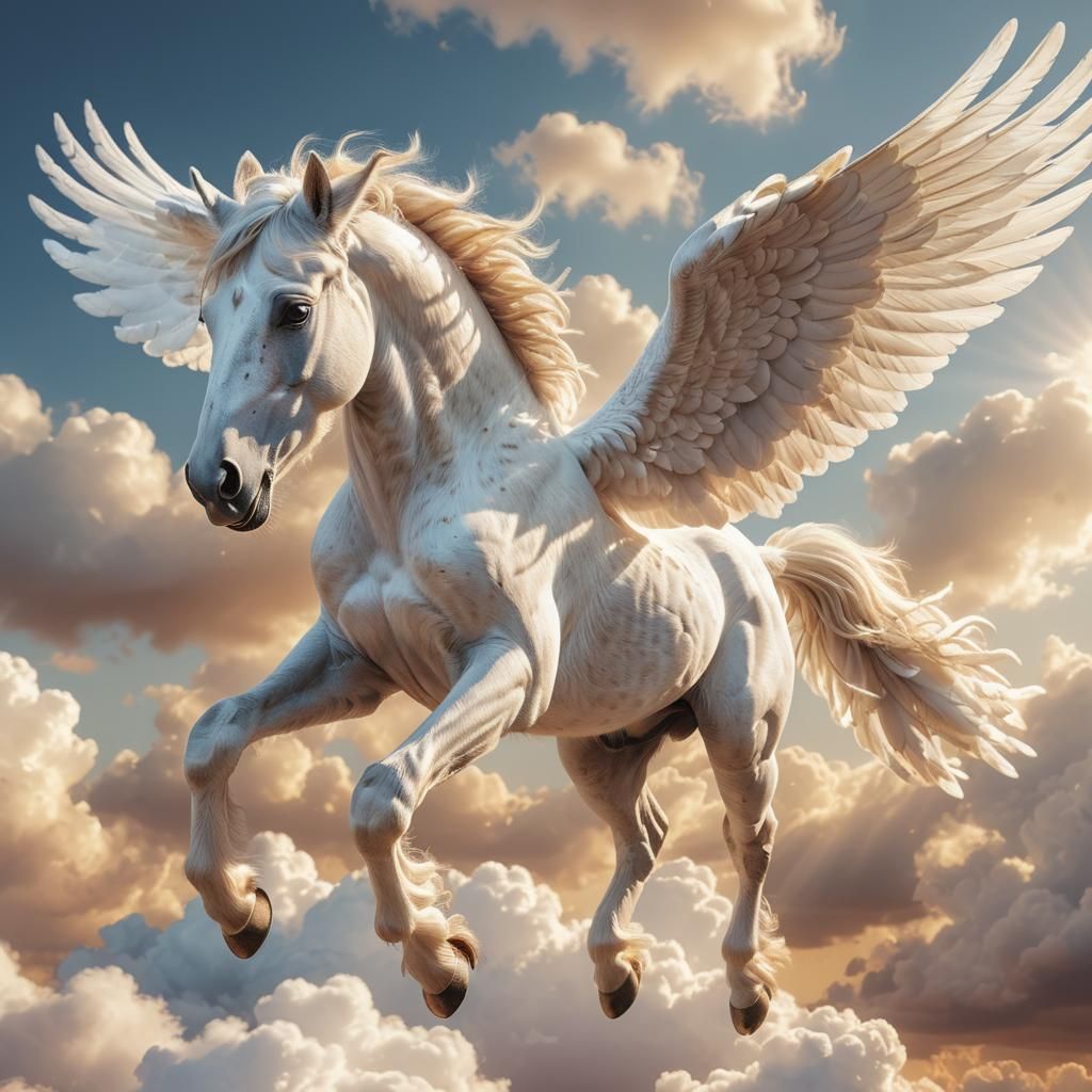 Majestic Winged Horse Soars Amidst Fluffy White Clouds