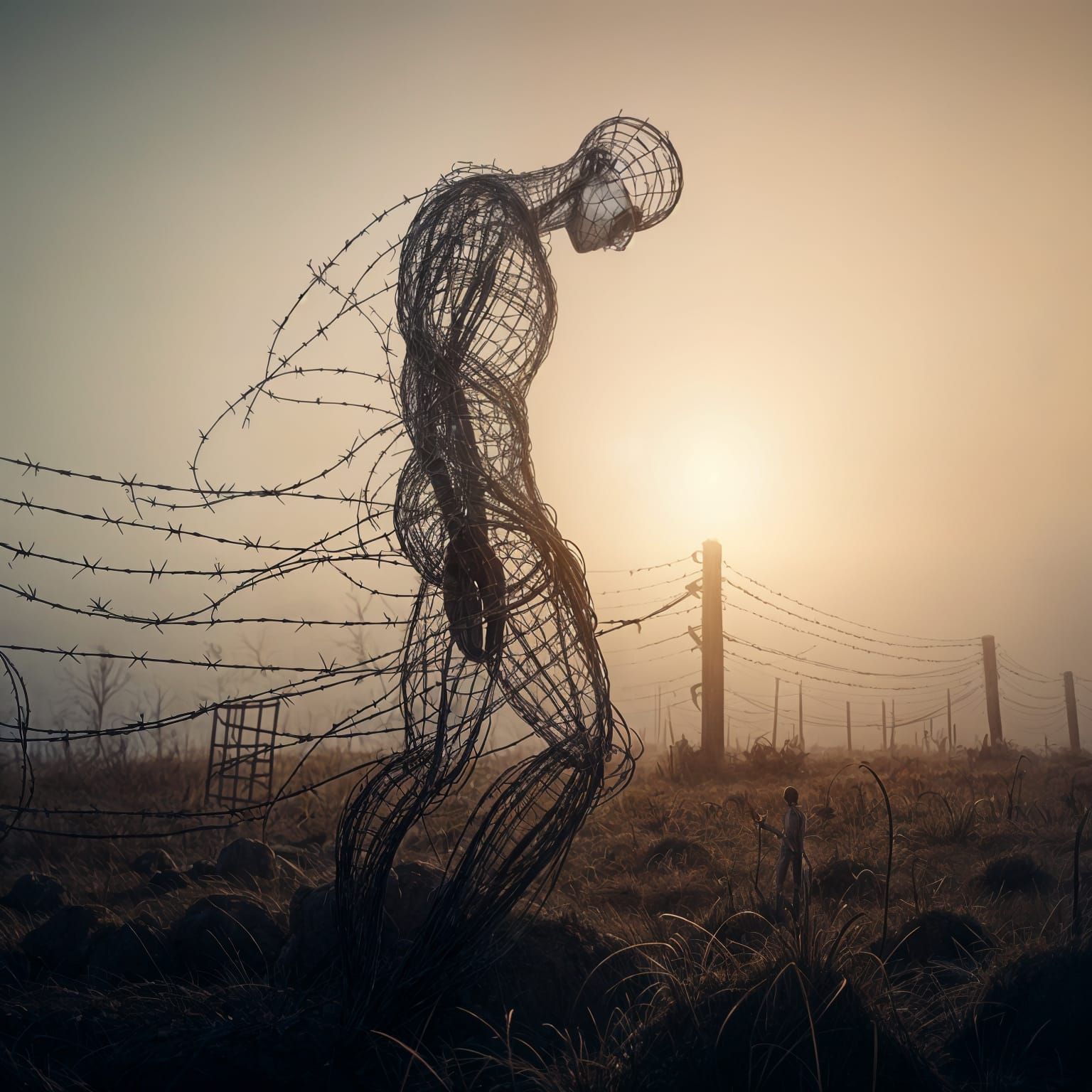 Barbed Wire Figure in Foggy Field at Sunrise