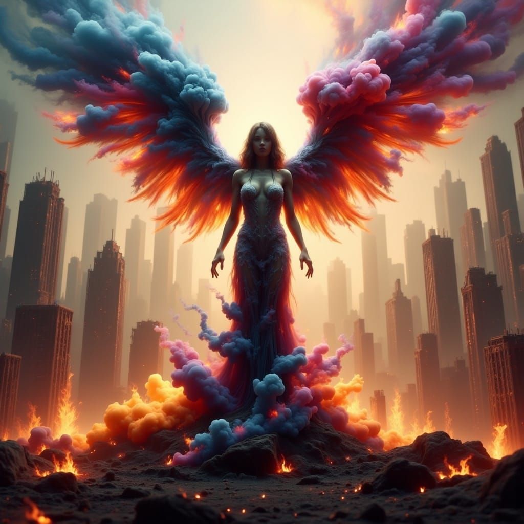 Majestic Angel Amidst Burning Cityscape