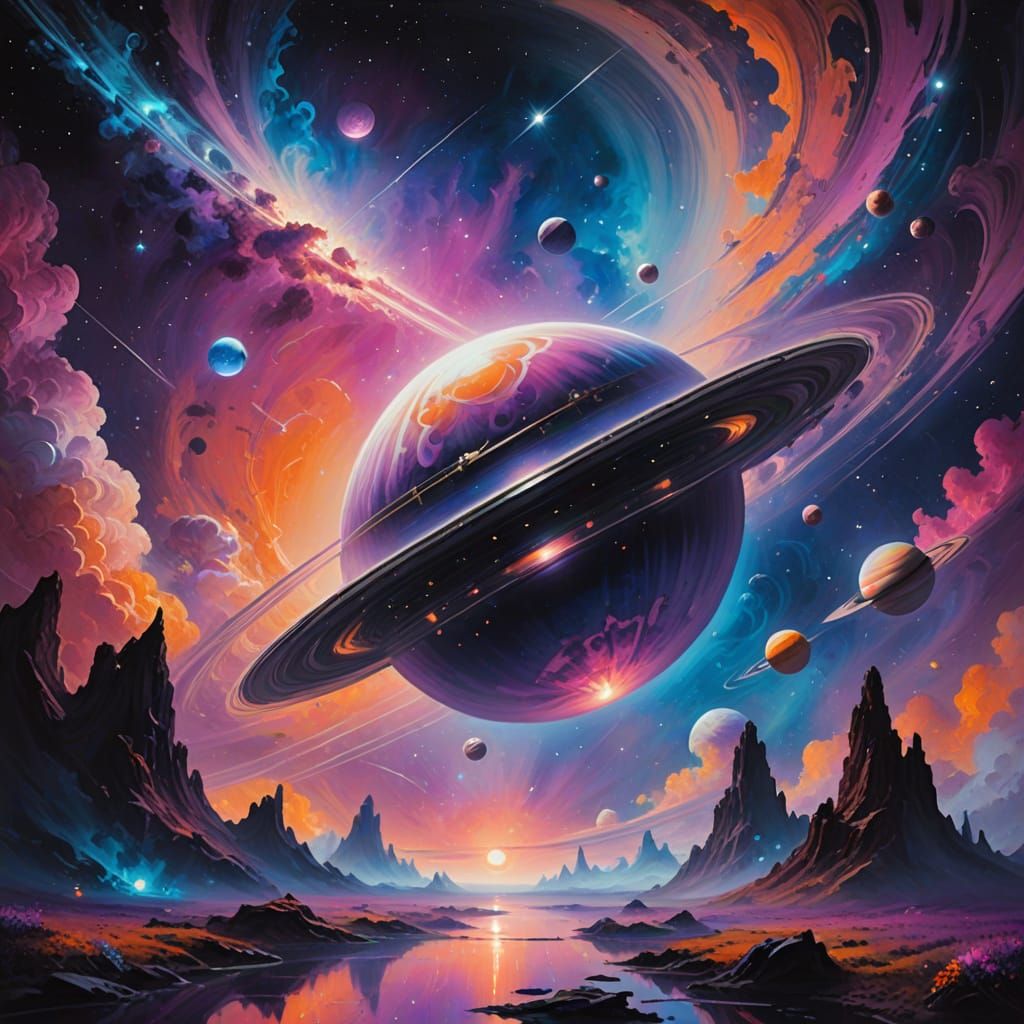 Surreal Cosmic Odyssey in Vibrant Oil Painting