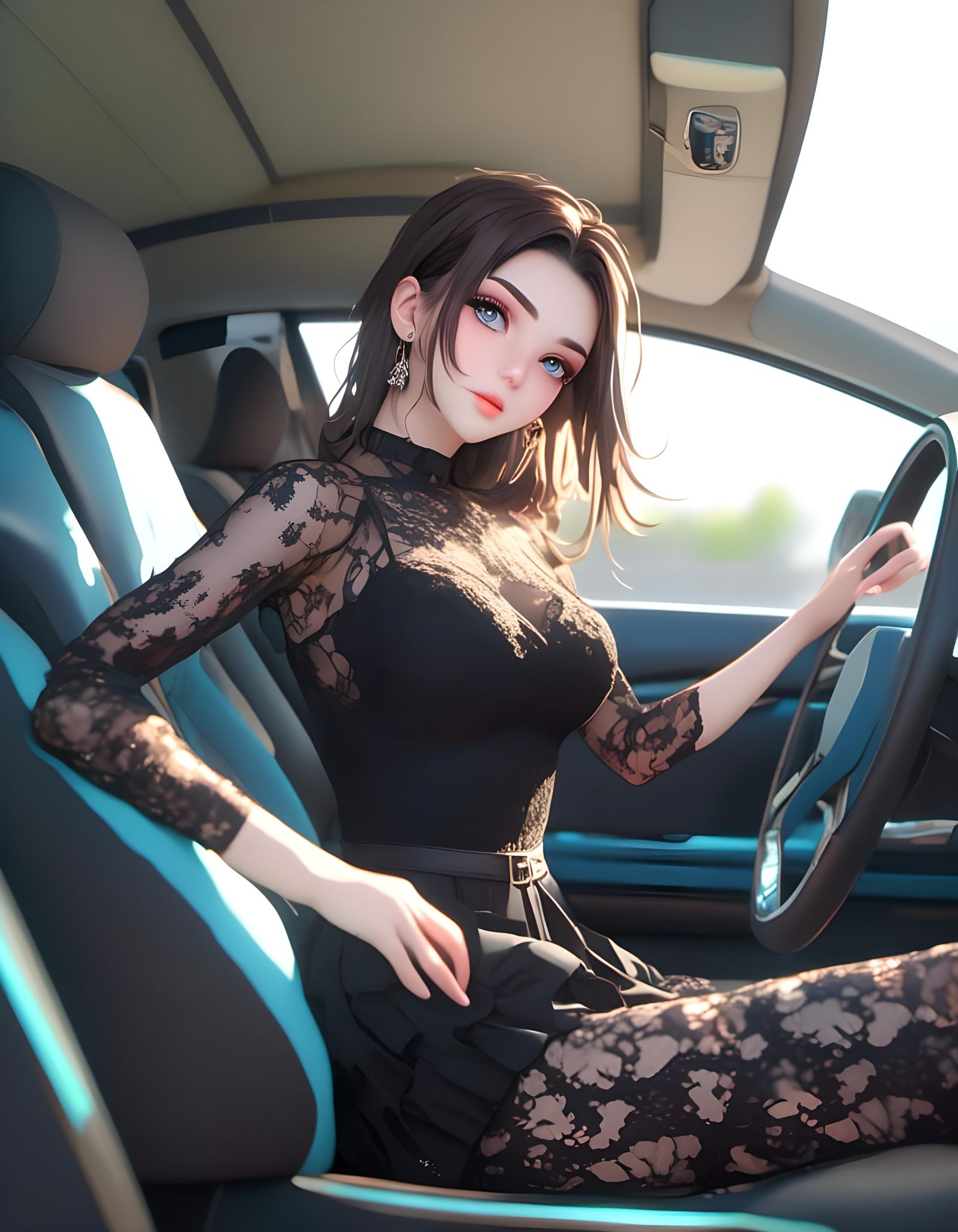 Anime Woman in Black Lace Dress in Driver's Seat