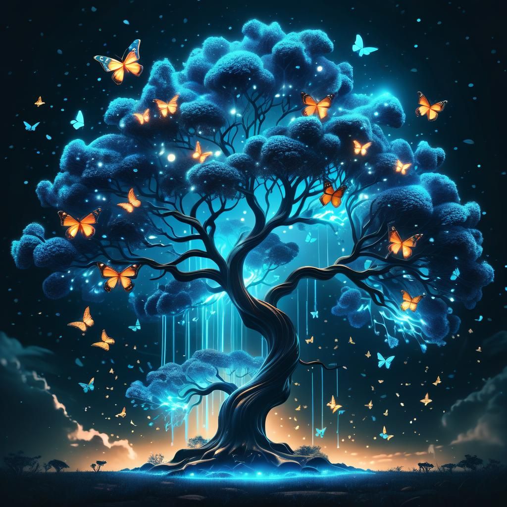 Bioluminescent Tree with Sparkling Lights, a 3D Digital Art