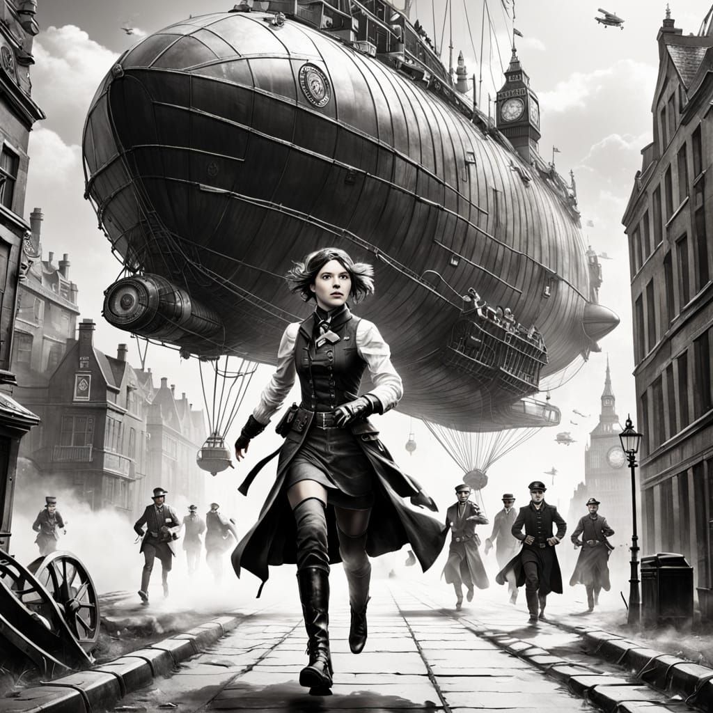 Steampunk London Maiden Pursued by Policemen