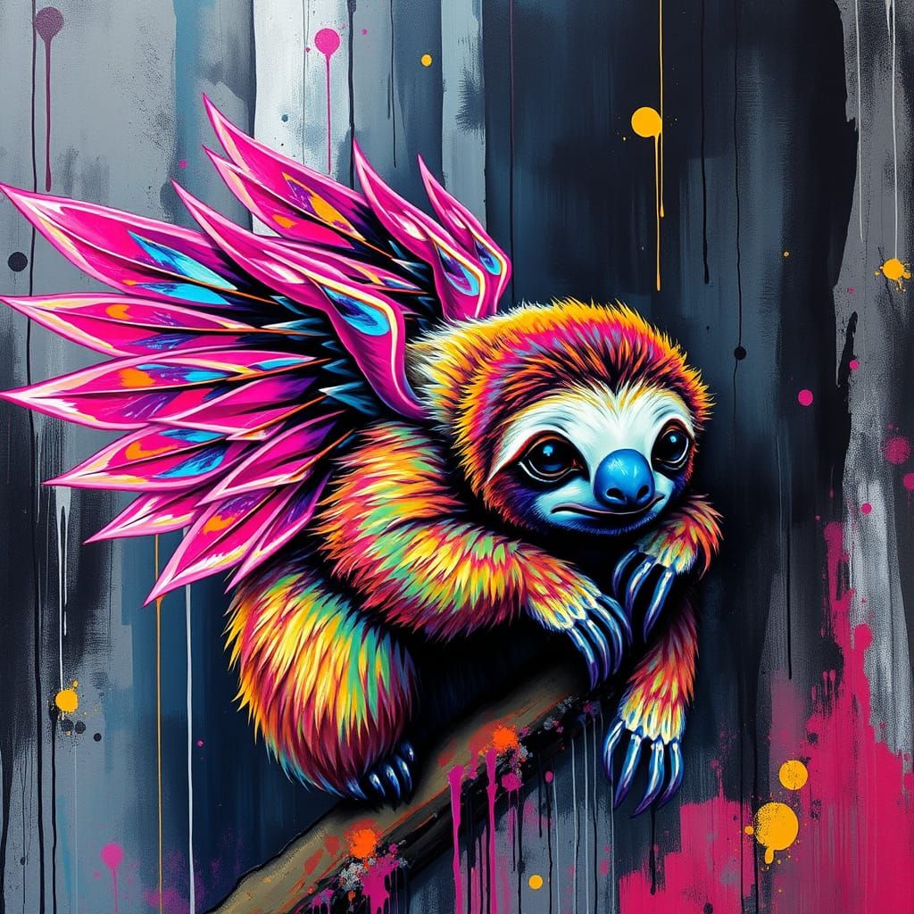 Sloth with Iridescent Wings in Graffiti Art Style