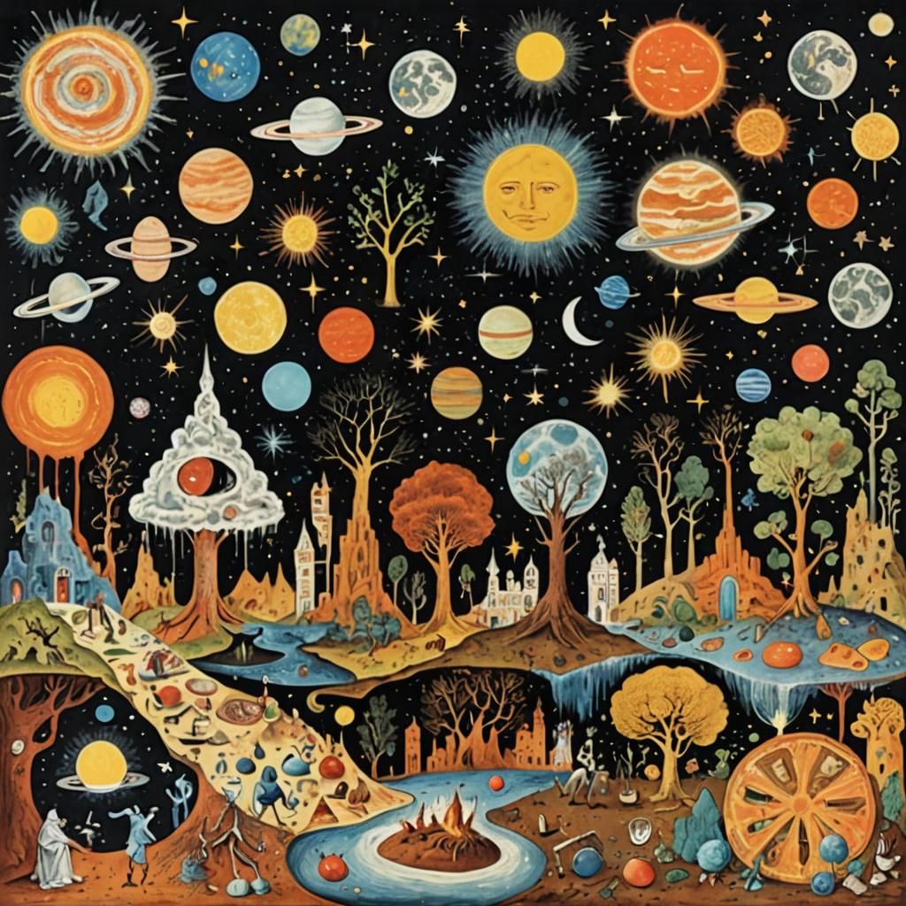 Surreal Moonlit Mushroom Landscape in Naive Art Style